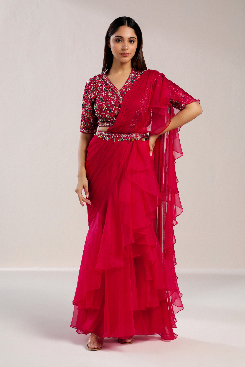 Navratan Fuschia Ruffle Saree