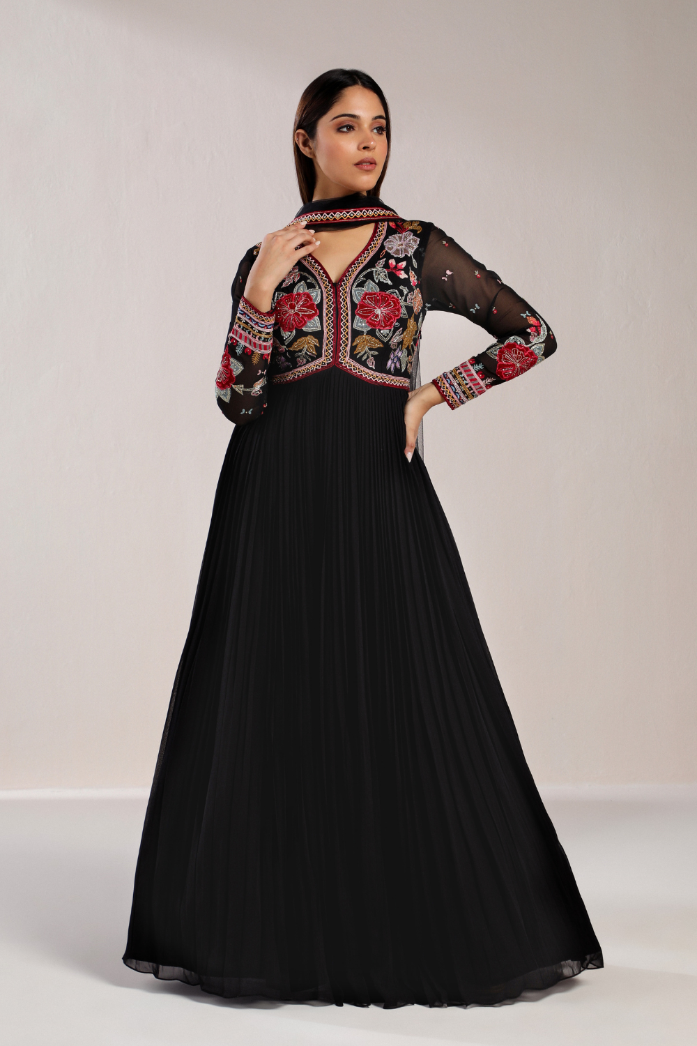 Black Floral Anarkali Set