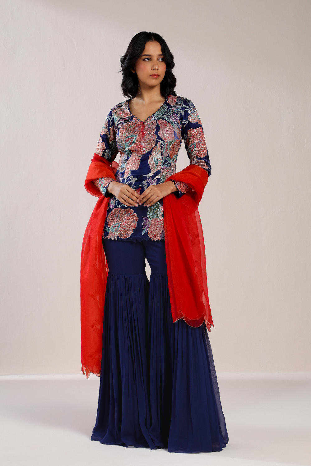 Maximal Floral Blue Sharara Set