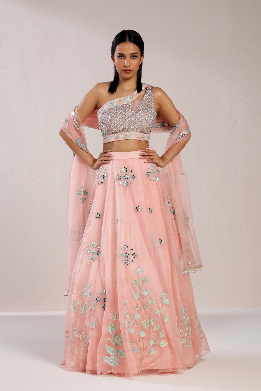 Peach Pink Mirror Embroidered Lehenga Set