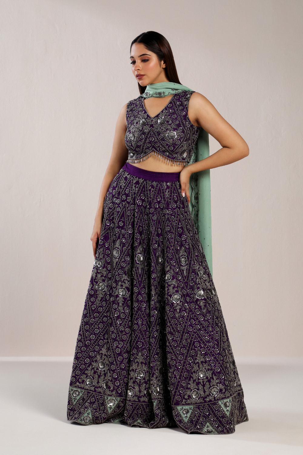 Purple Fully Embroidered Lehenga Set