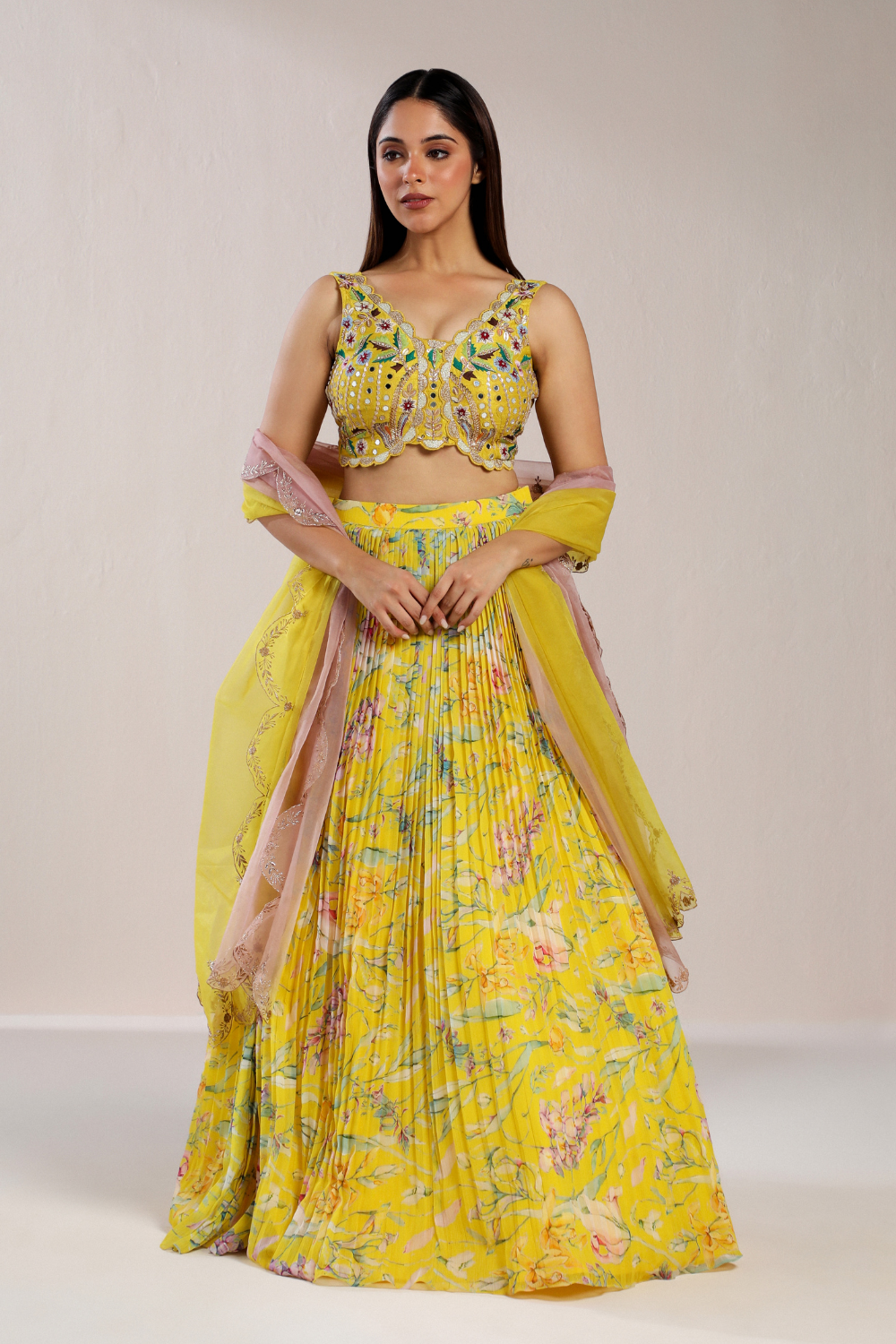 Floral Yellow Pleated Lehenga