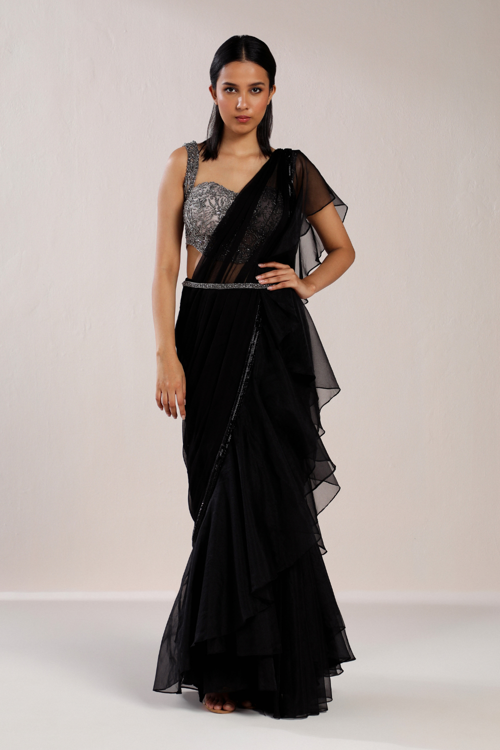 Corset Grey Blouse With Black Ruffle Saree