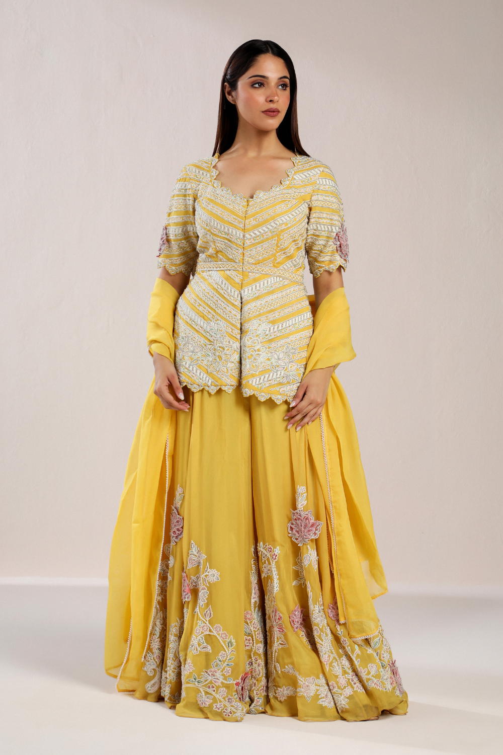 Yellow Dori Work Embroidered Sharara Set