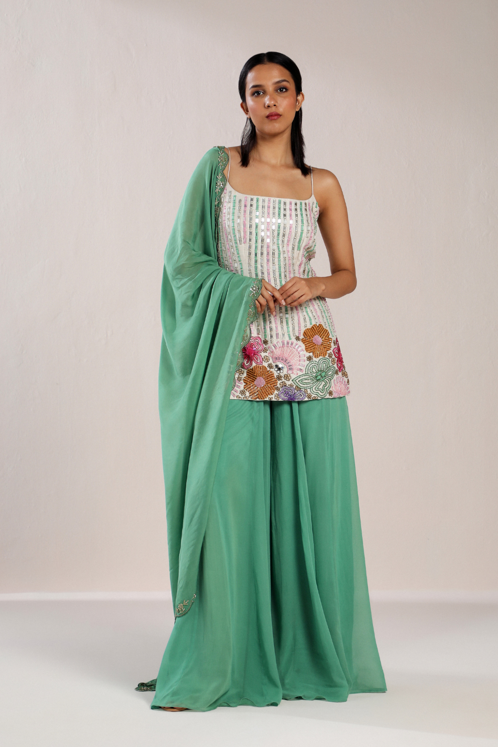 Ivory Multicolored Floral Sharara Set