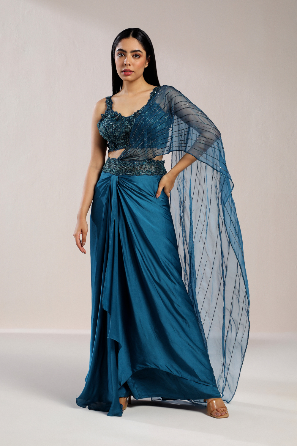 Teal Blue Metallic Drape Saree