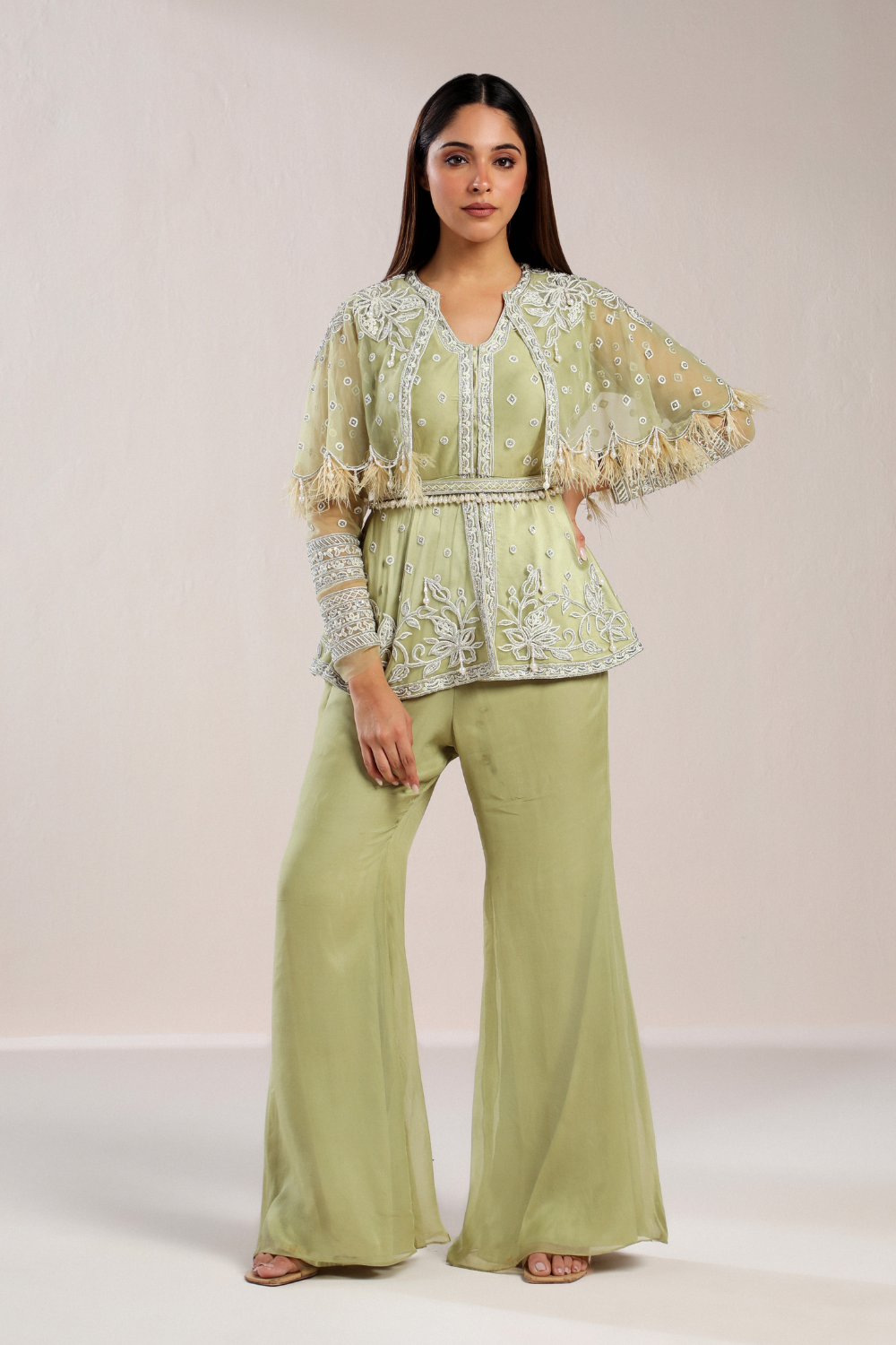 Lime Green White Dori Embroidered Cape Co-Ord Set