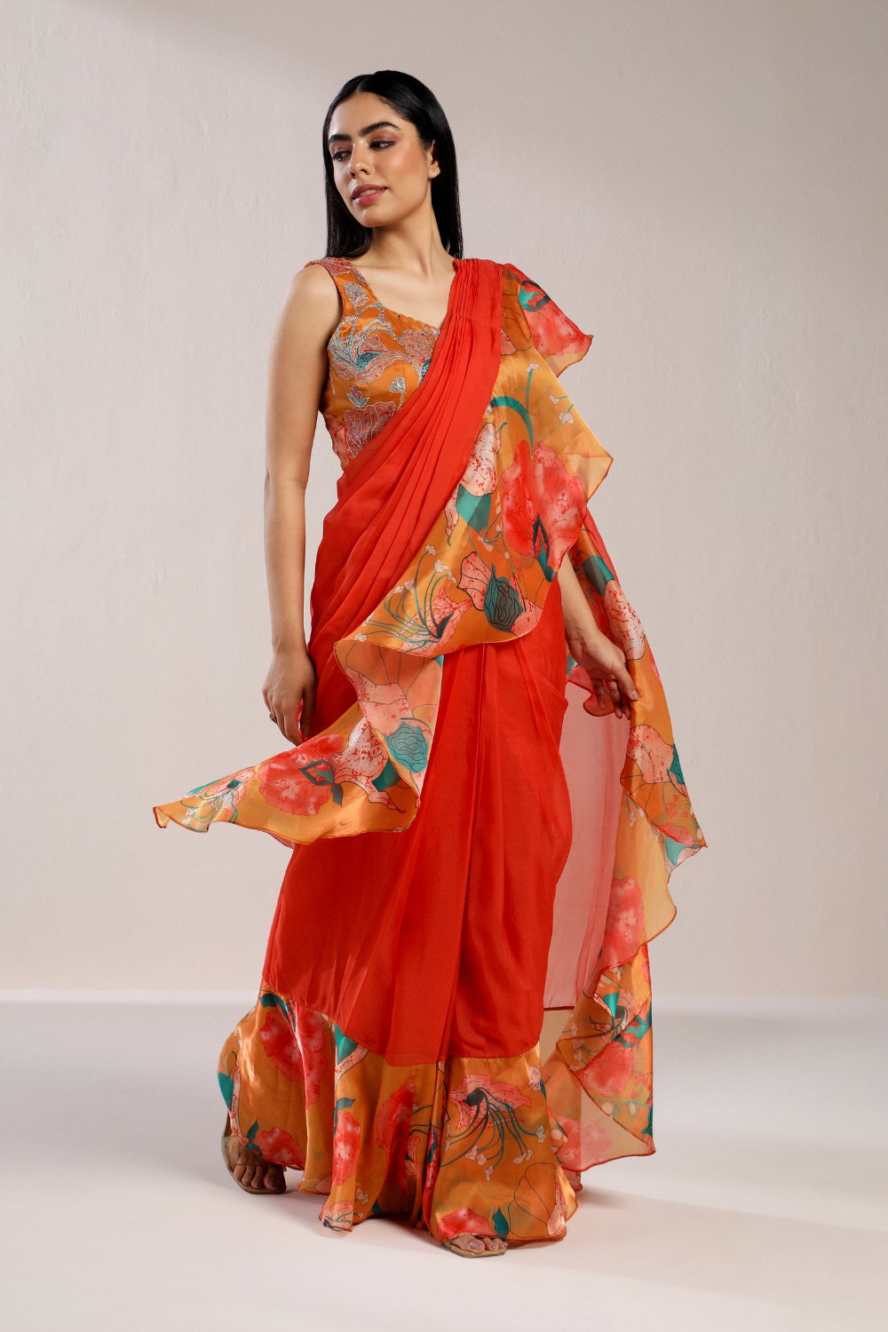 Burnt Orange Floral Printed Ruffle Saree With Blouse