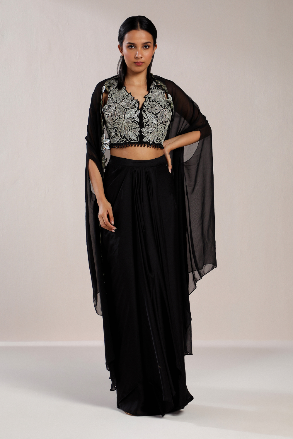 Black Draped Skirt And Cape Set