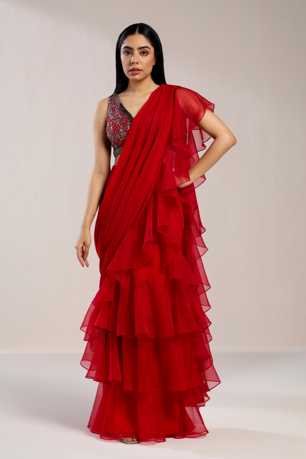 Fuschia Ruffle Saree With Grey Embroidered Blouse