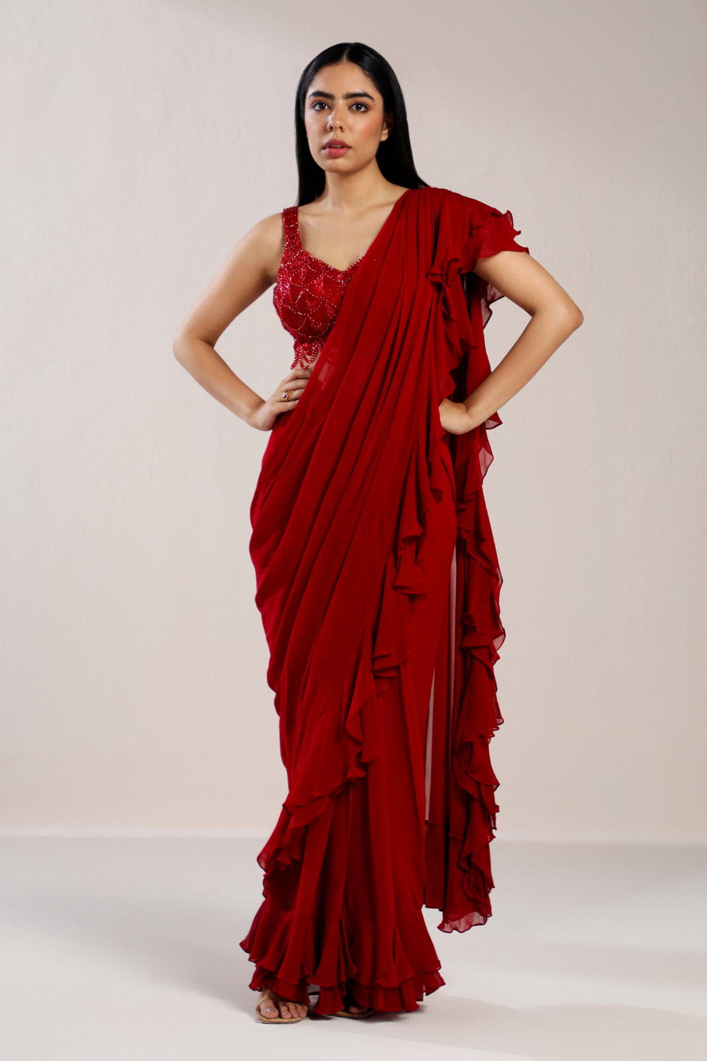 Red Ruffle Saree With Embroidered Crystal Blouse