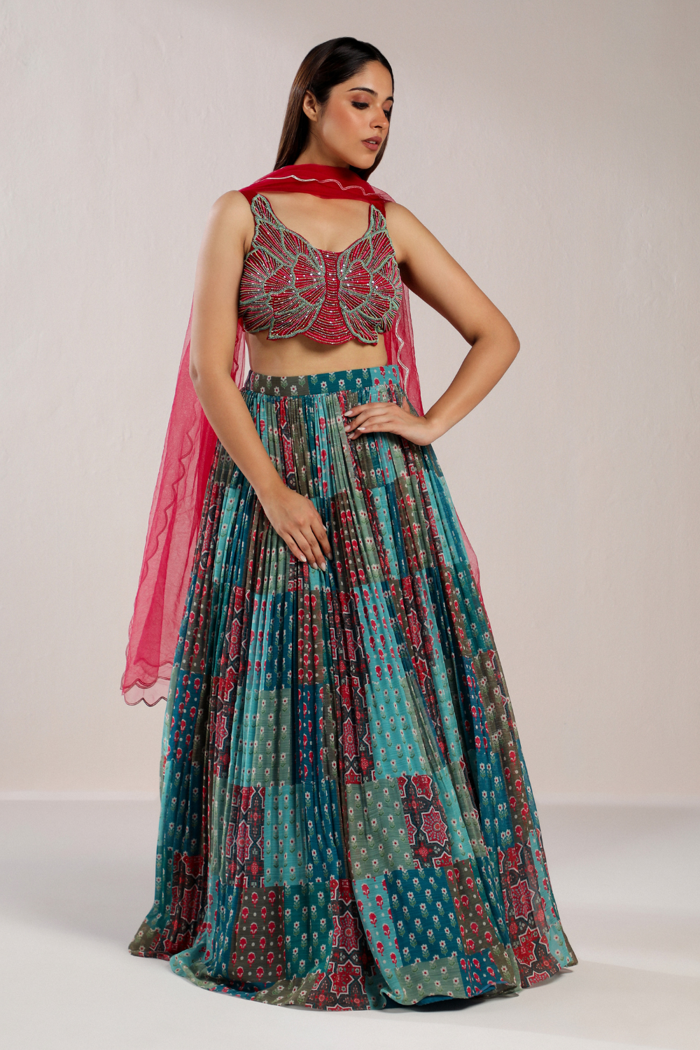 Fuschia Butterfly Embroidered Blouse With Printed Block Lehenga Set