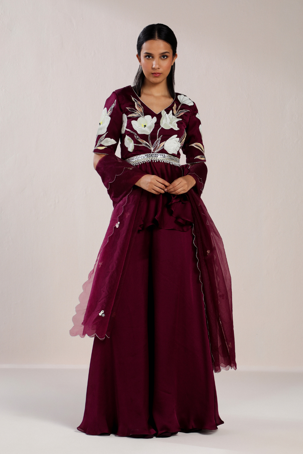 Applique Floral Peplum Top And Sharara Set