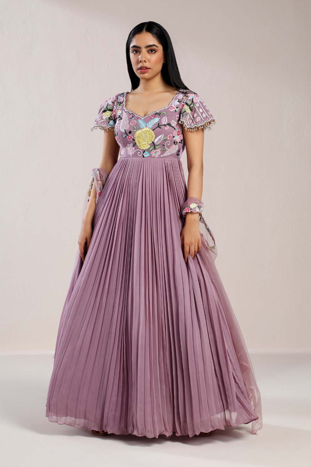 Lavender Resham Work Floral Pleated Anarkali