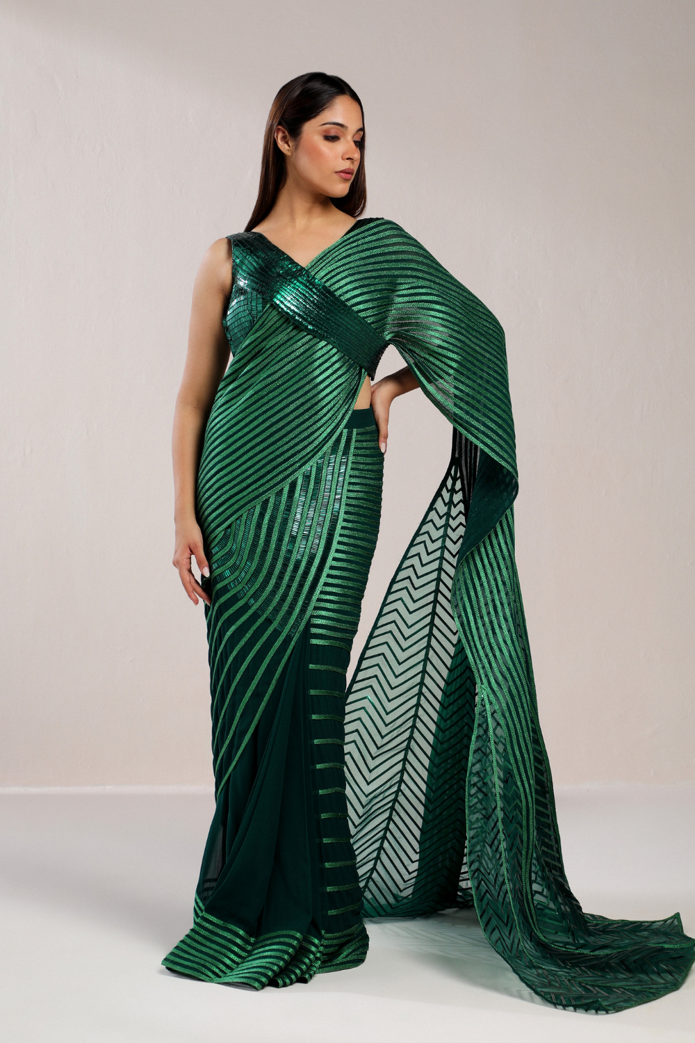 Metallic Green Saree With Blouse