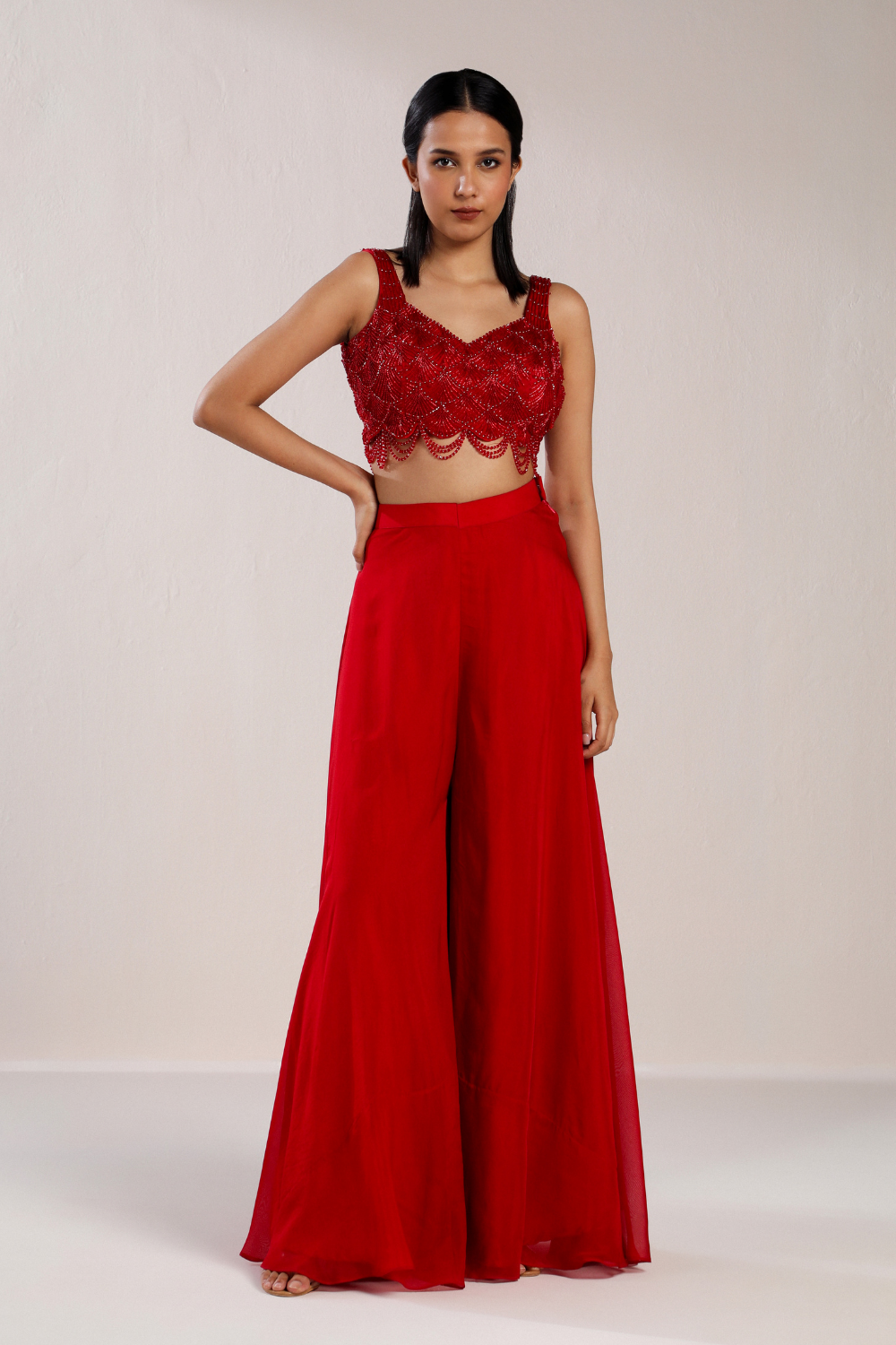 Red Embroidered Crystal Blouse And Sharara Set