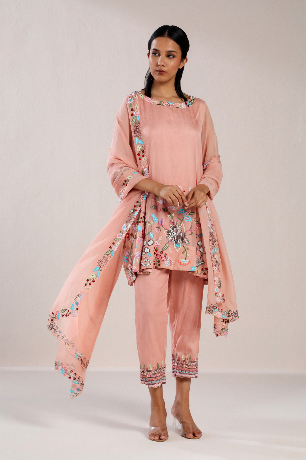 Peach  Floral Embroidered Kurta Set