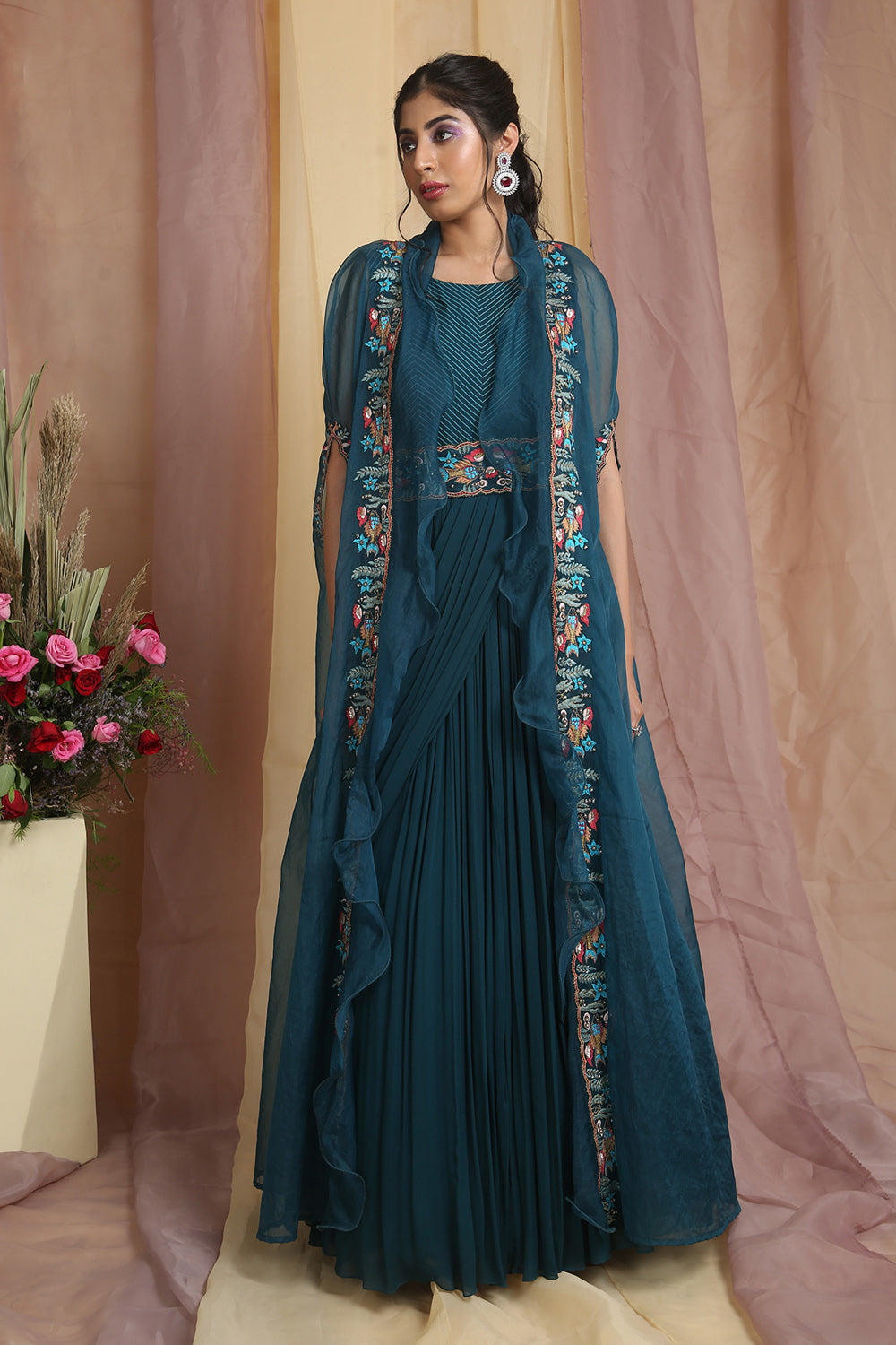 Peacock Blue Drape Gown With Cape And Belt - Auraya Fashion 