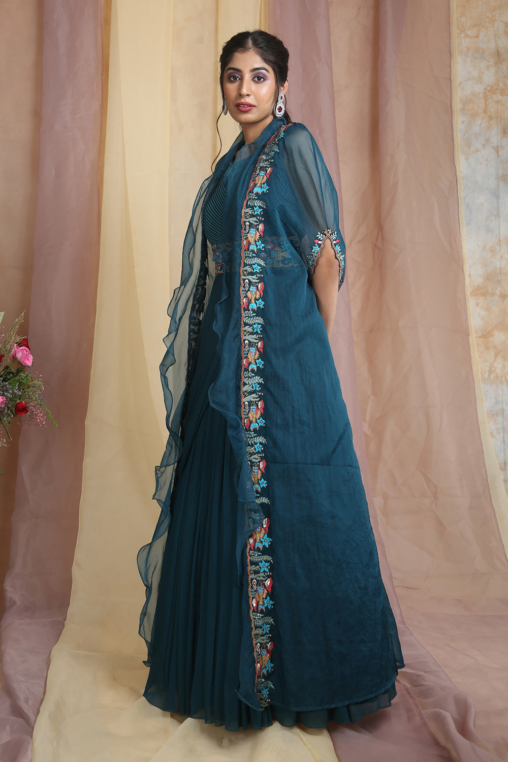 Peacock Blue Drape Gown With Cape And Belt - Auraya Fashion 