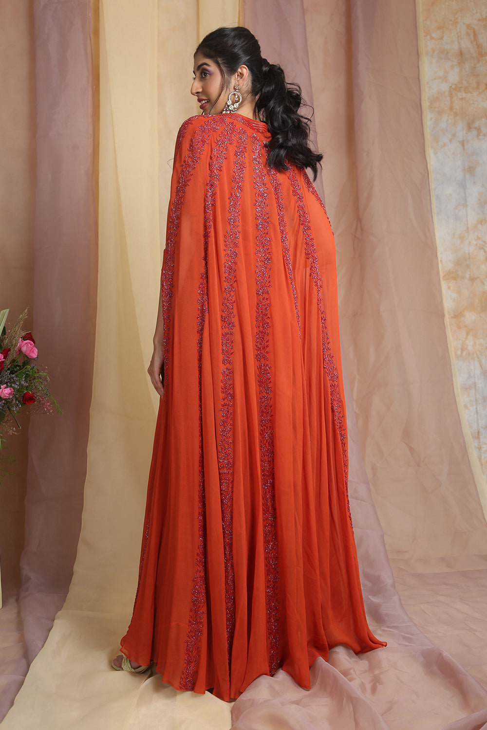 Rust Cape Drape Saree - Auraya Fashion 