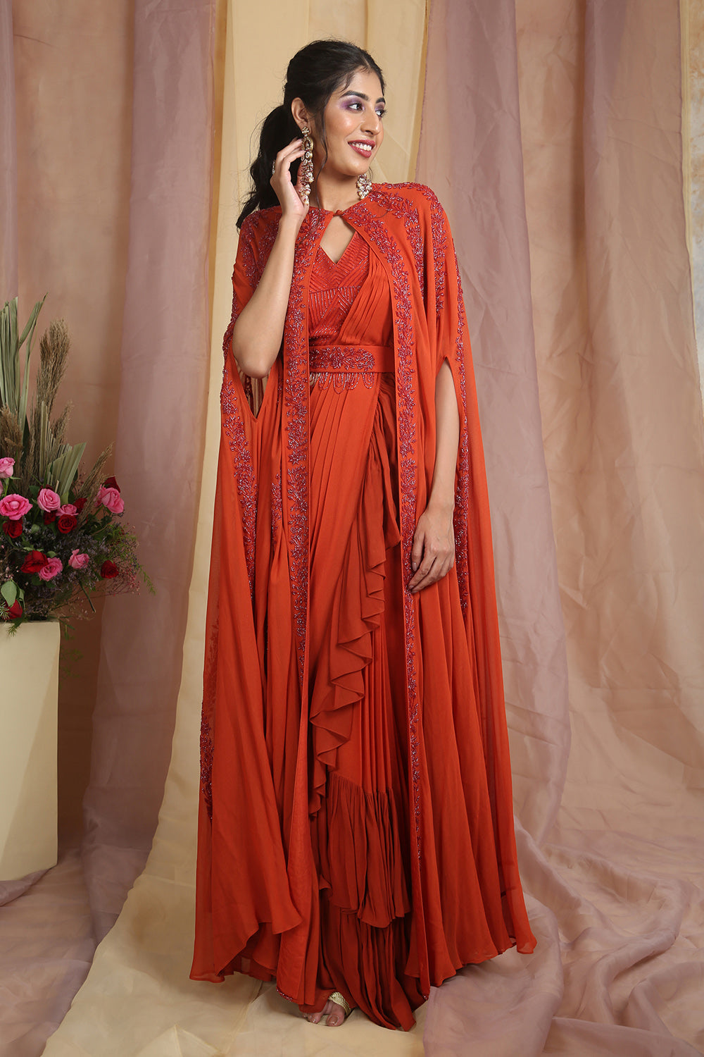 Rust Cape Drape Saree - Auraya Fashion - Miku Kumar - 