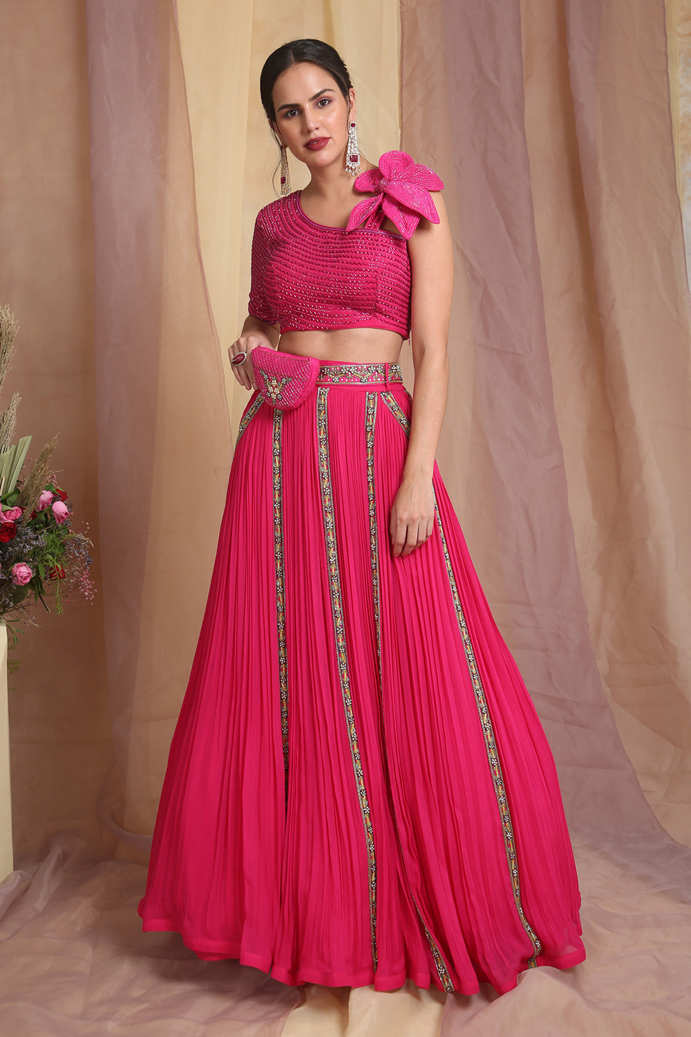 Hot Pink Flora Lehenga Choli - Auraya Fashion 