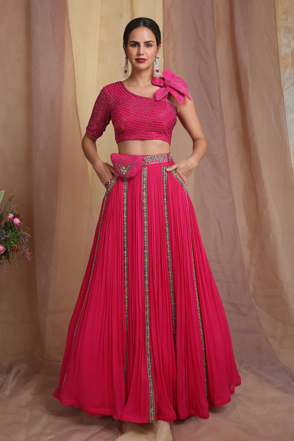 Hot Pink Flora Lehenga Choli - Auraya Fashion 