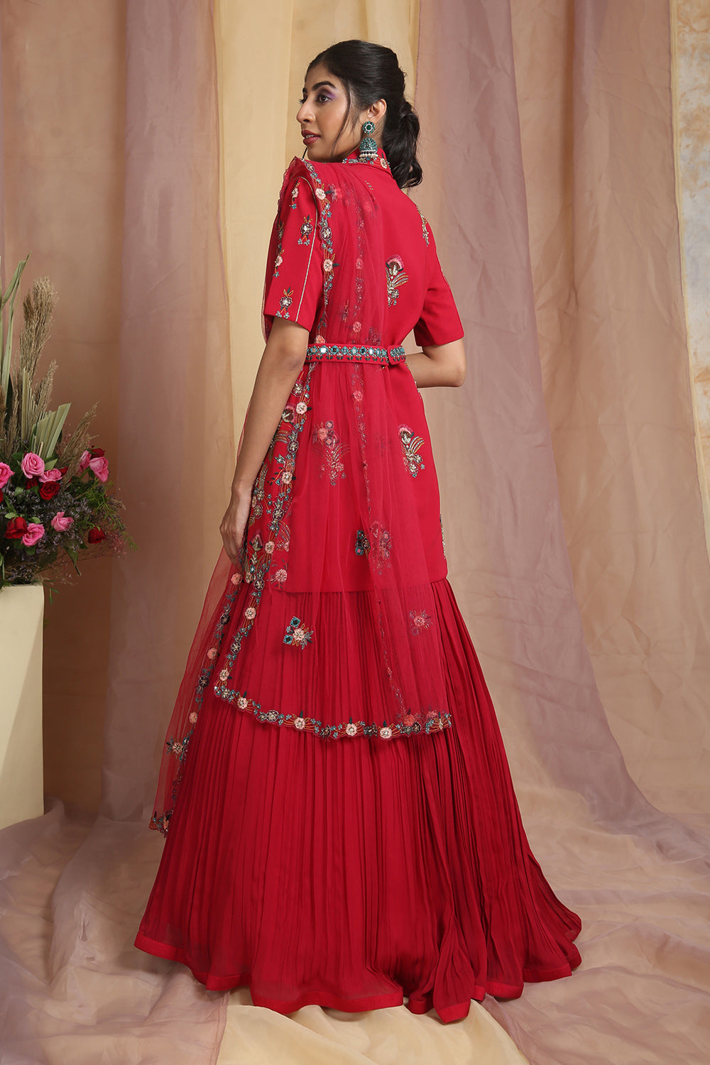 Cherry Red Jacket Skirt Set - Auraya Fashion 