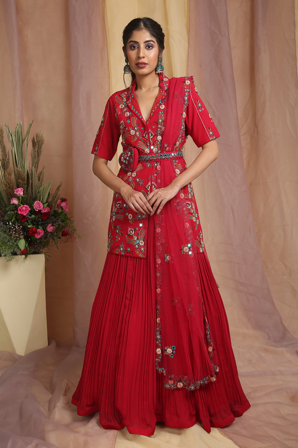 Cherry Red Jacket Skirt Set - Auraya Fashion 