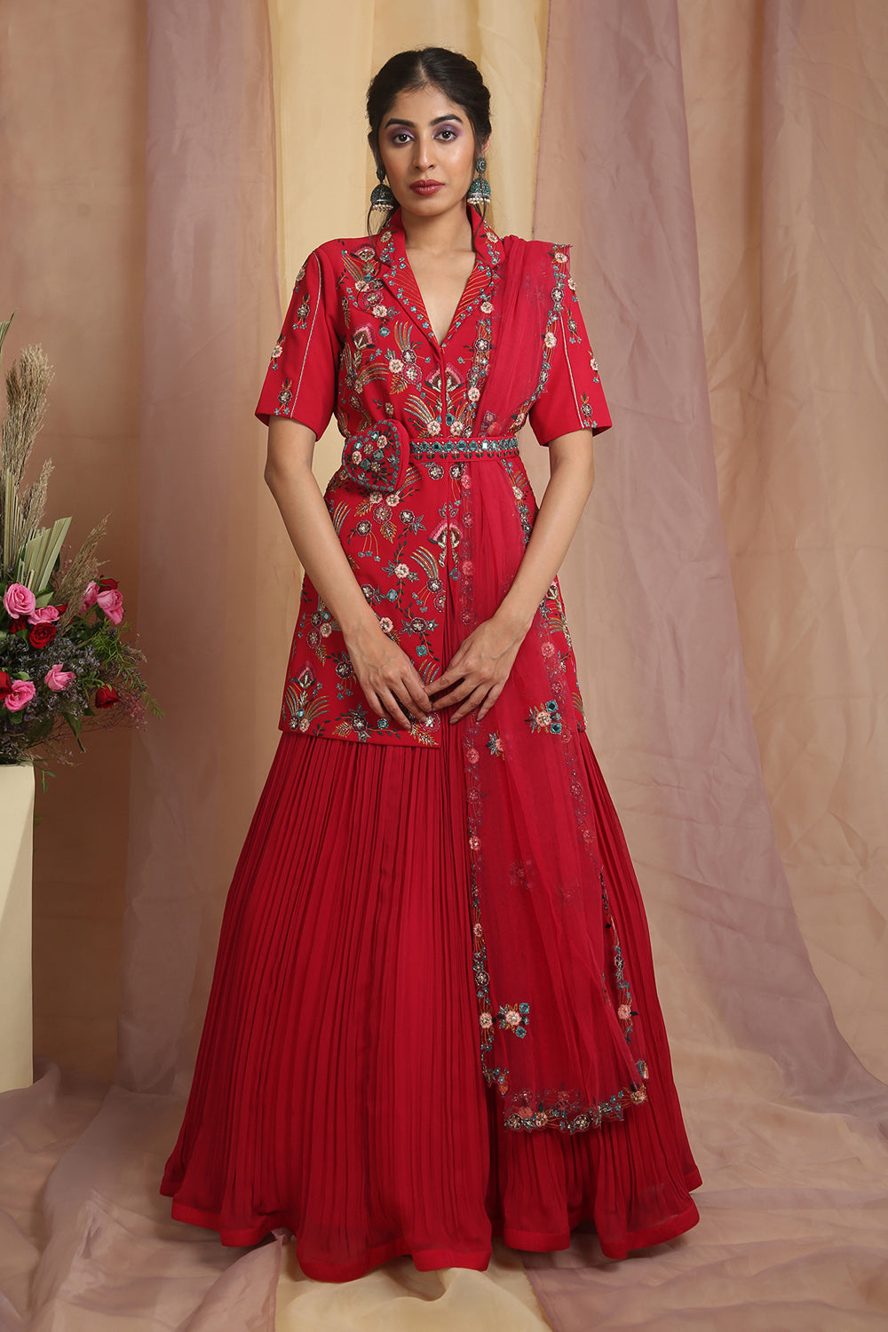 Cherry Red Jacket Skirt Set - Auraya Fashion - Miku Kumar - 