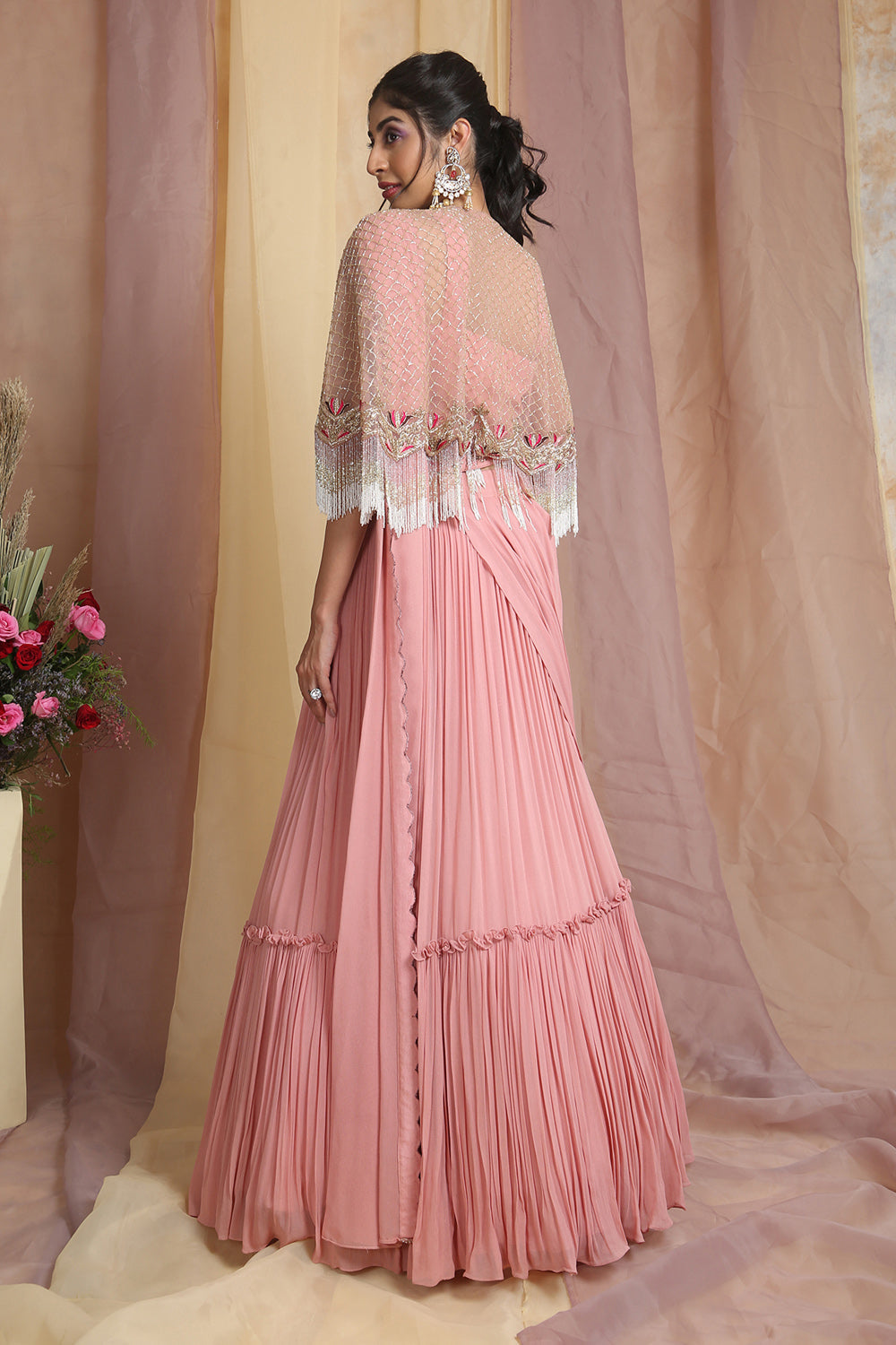 Peach Cape Drape Lehenga Saree Set - Auraya Fashion 