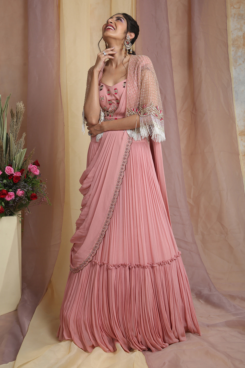 Peach Cape Drape Lehenga Saree Set - Auraya Fashion 