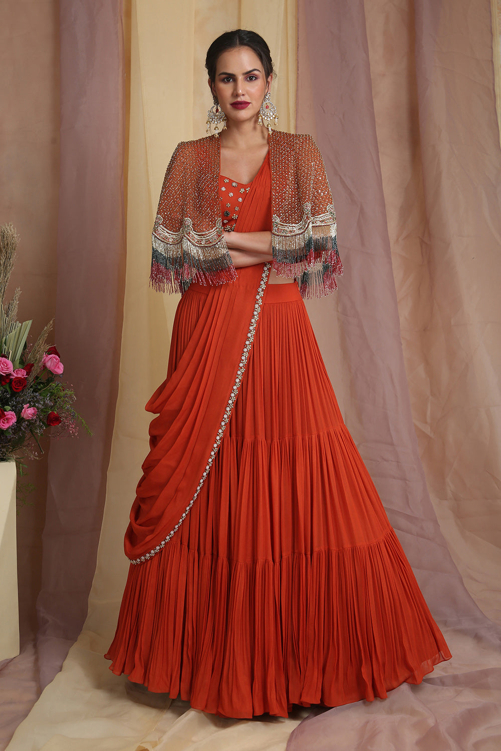 Rust Cape Drape Lehenga Saree - Auraya Fashion 