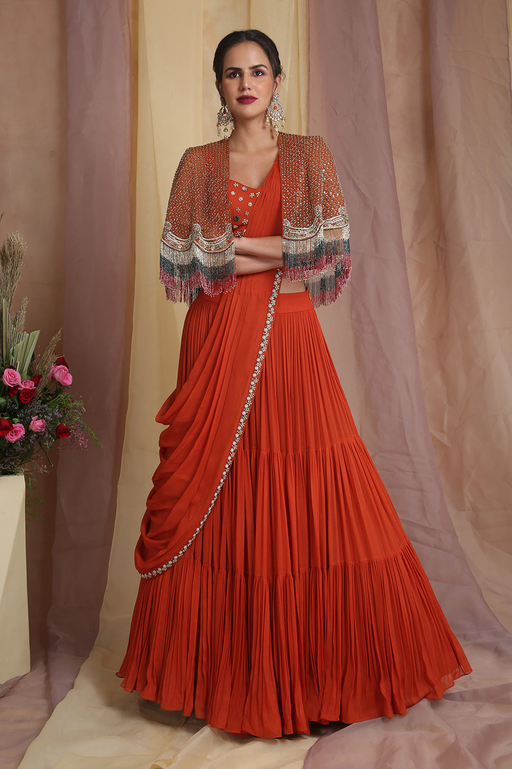 Rust Cape Drape Lehenga Saree - Auraya Fashion 