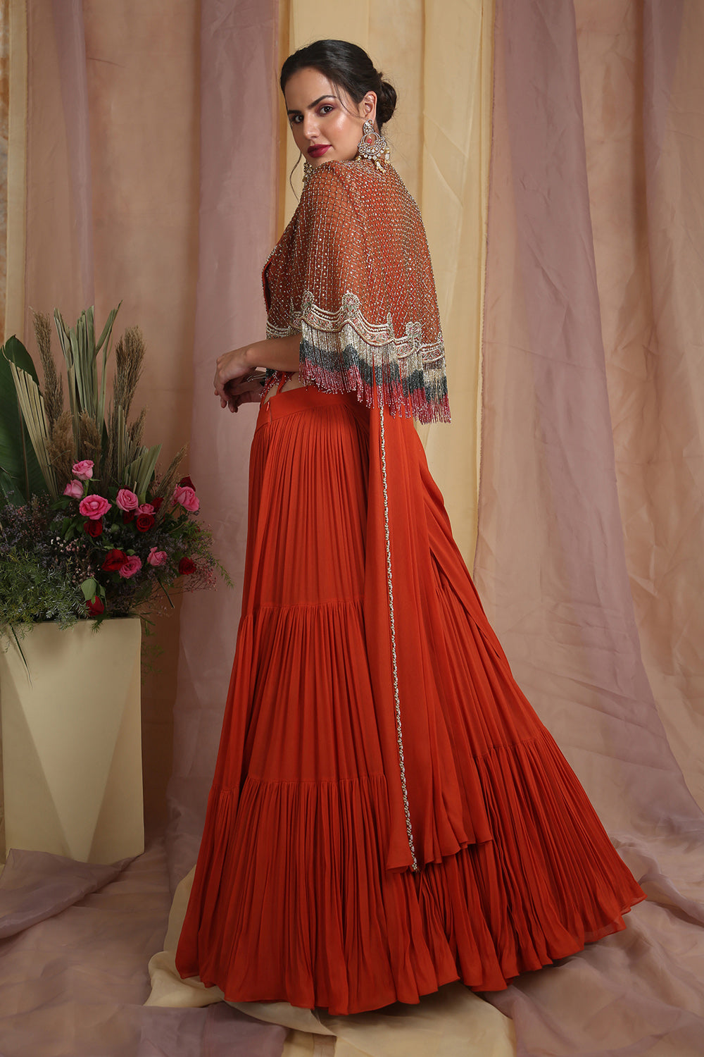 Rust Cape Drape Lehenga Saree - Auraya Fashion 