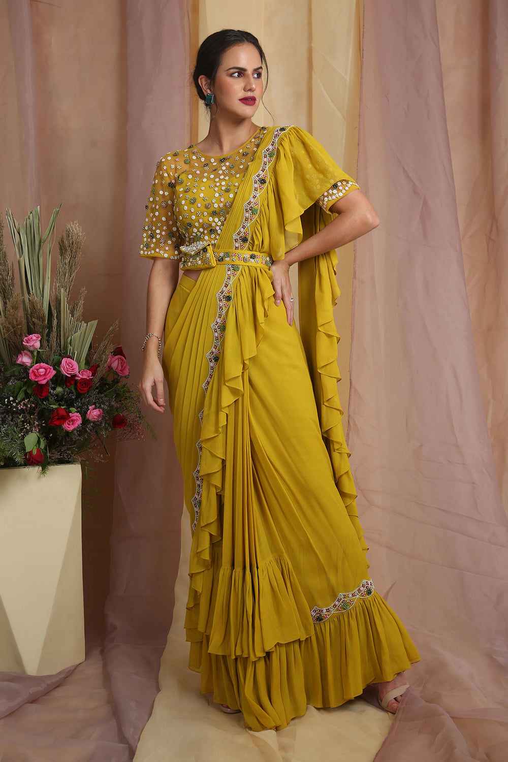 Radiant Yellow Belt Bag Drape Saree - Auraya Fashion 