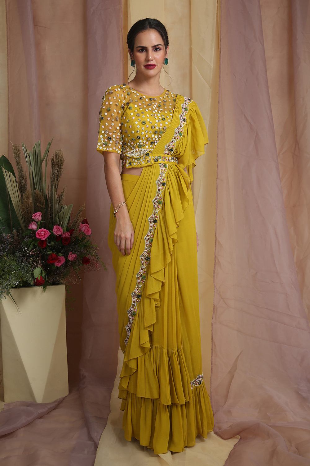 Radiant Yellow Belt Bag Drape Saree - Auraya Fashion - Miku Kumar - 