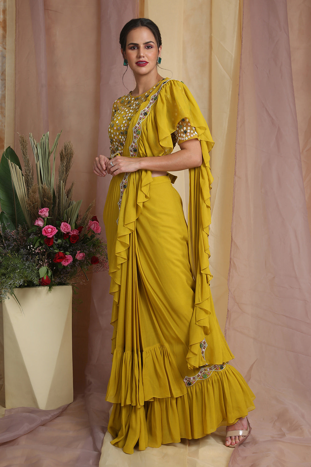 Radiant Yellow Belt Bag Drape Saree - Auraya Fashion 