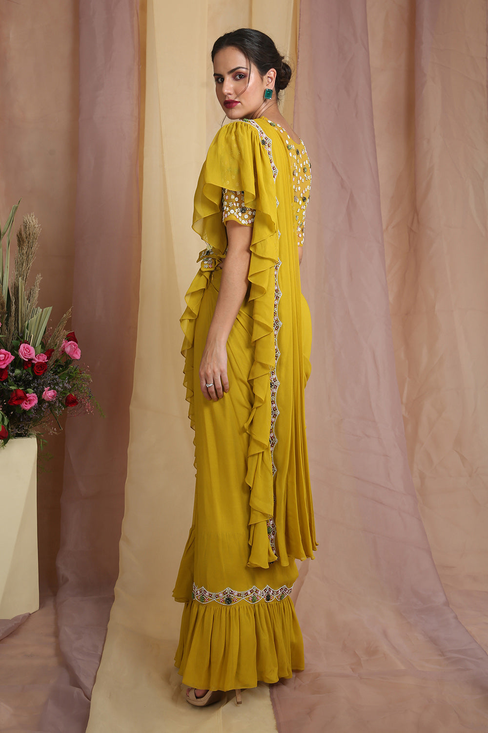 Radiant Yellow Belt Bag Drape Saree - Auraya Fashion 
