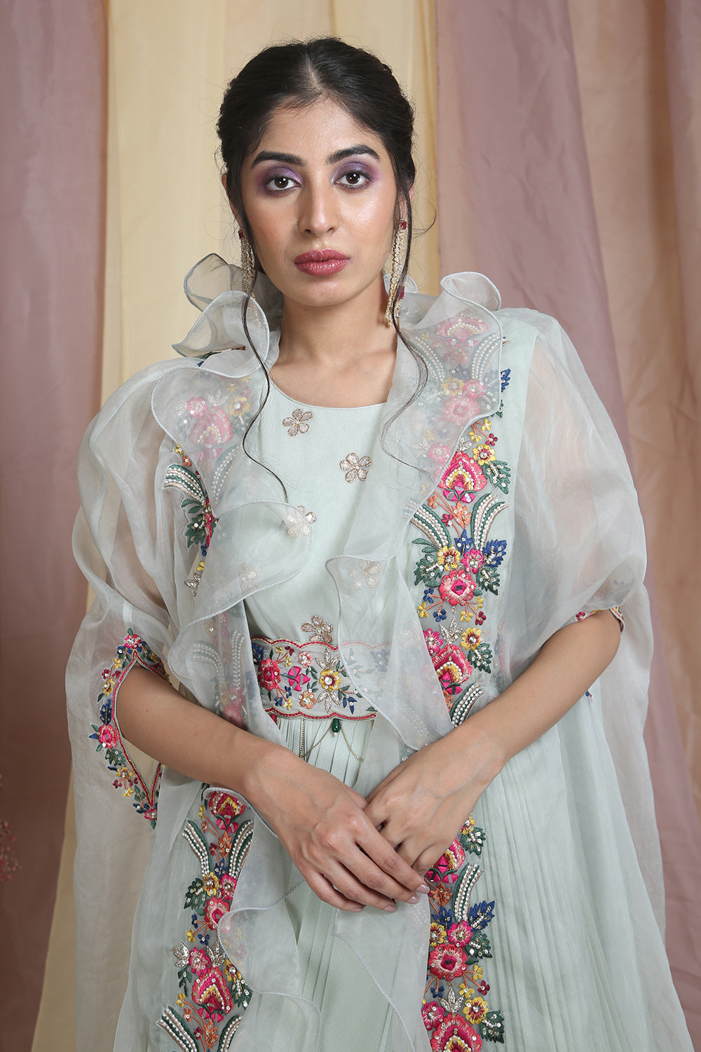 Mint Green Drape Gown With Cape And Belt - Auraya Fashion 