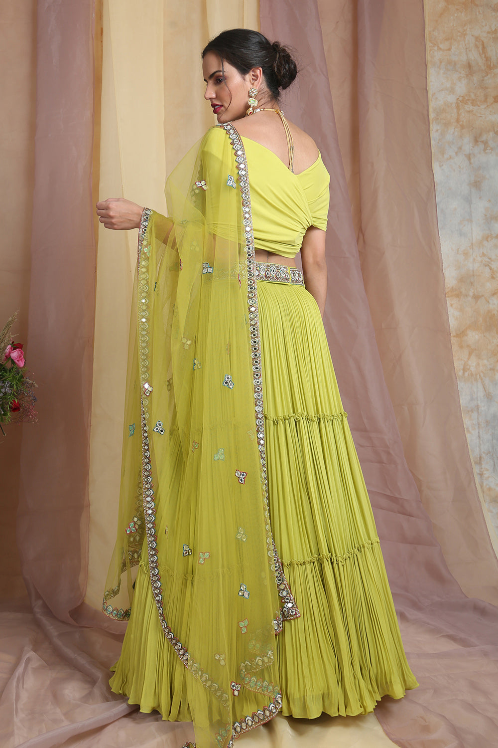 Parrot Green Drape Choli With Belt Bag Lehenga Set - Auraya Fashion 