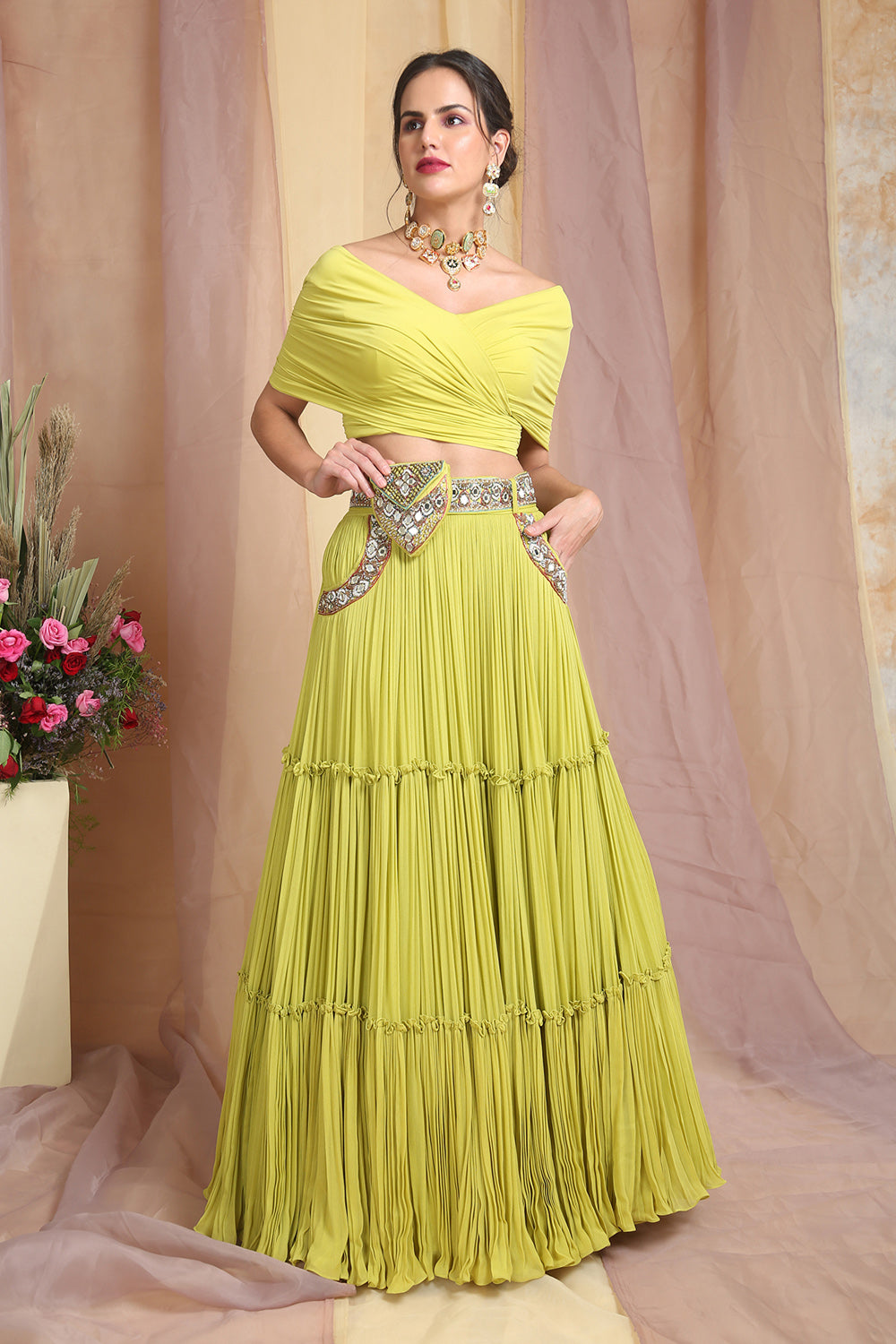 Parrot Green Drape Choli With Belt Bag Lehenga Set - Auraya Fashion 