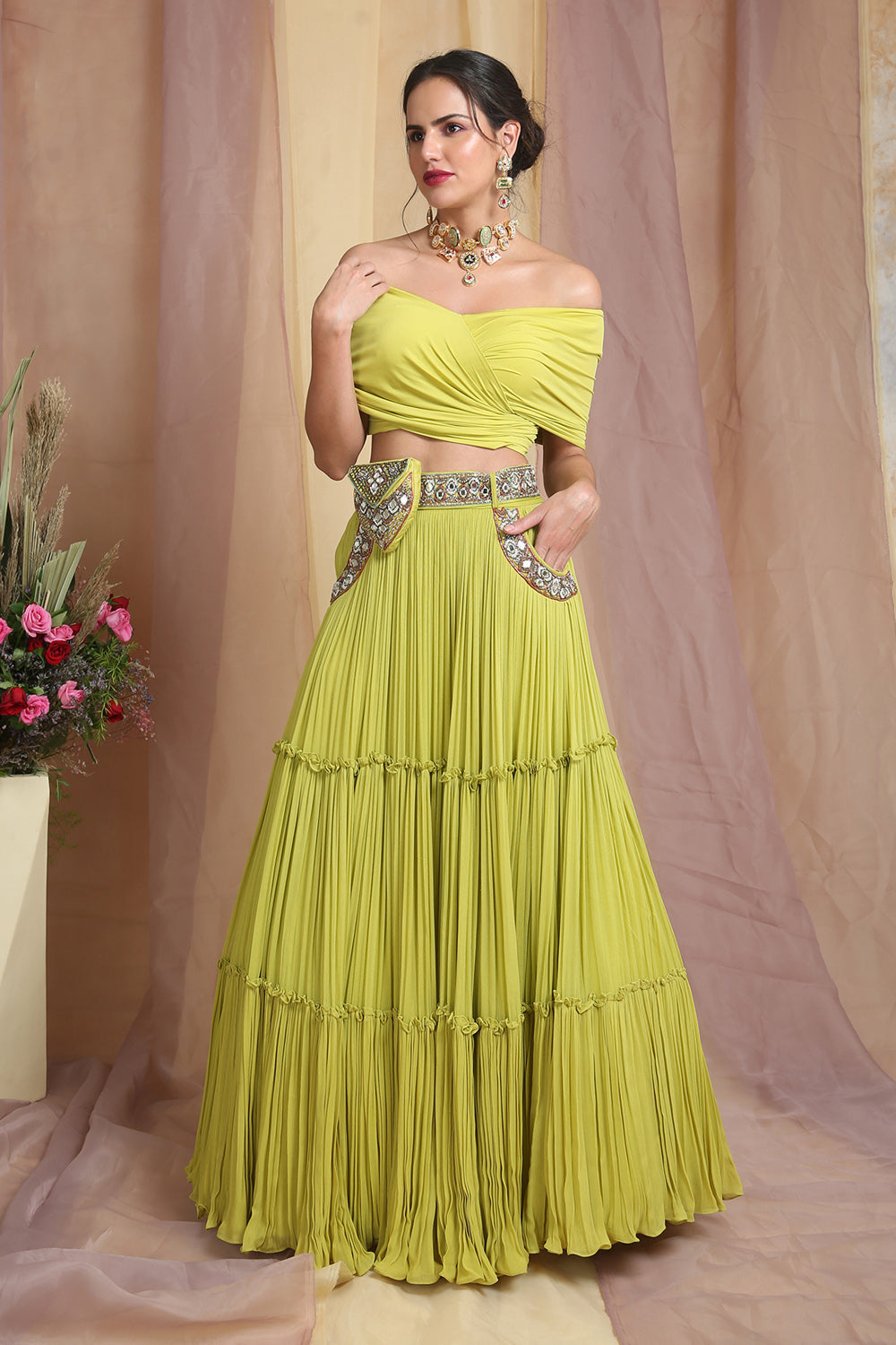 Parrot Green Drape Choli With Belt Bag Lehenga Set - Auraya Fashion - Miku Kumar - 