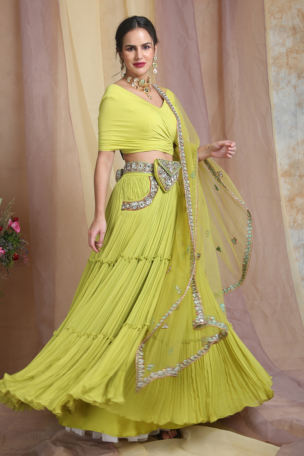 Parrot Green Drape Choli With Belt Bag Lehenga Set - Auraya Fashion 