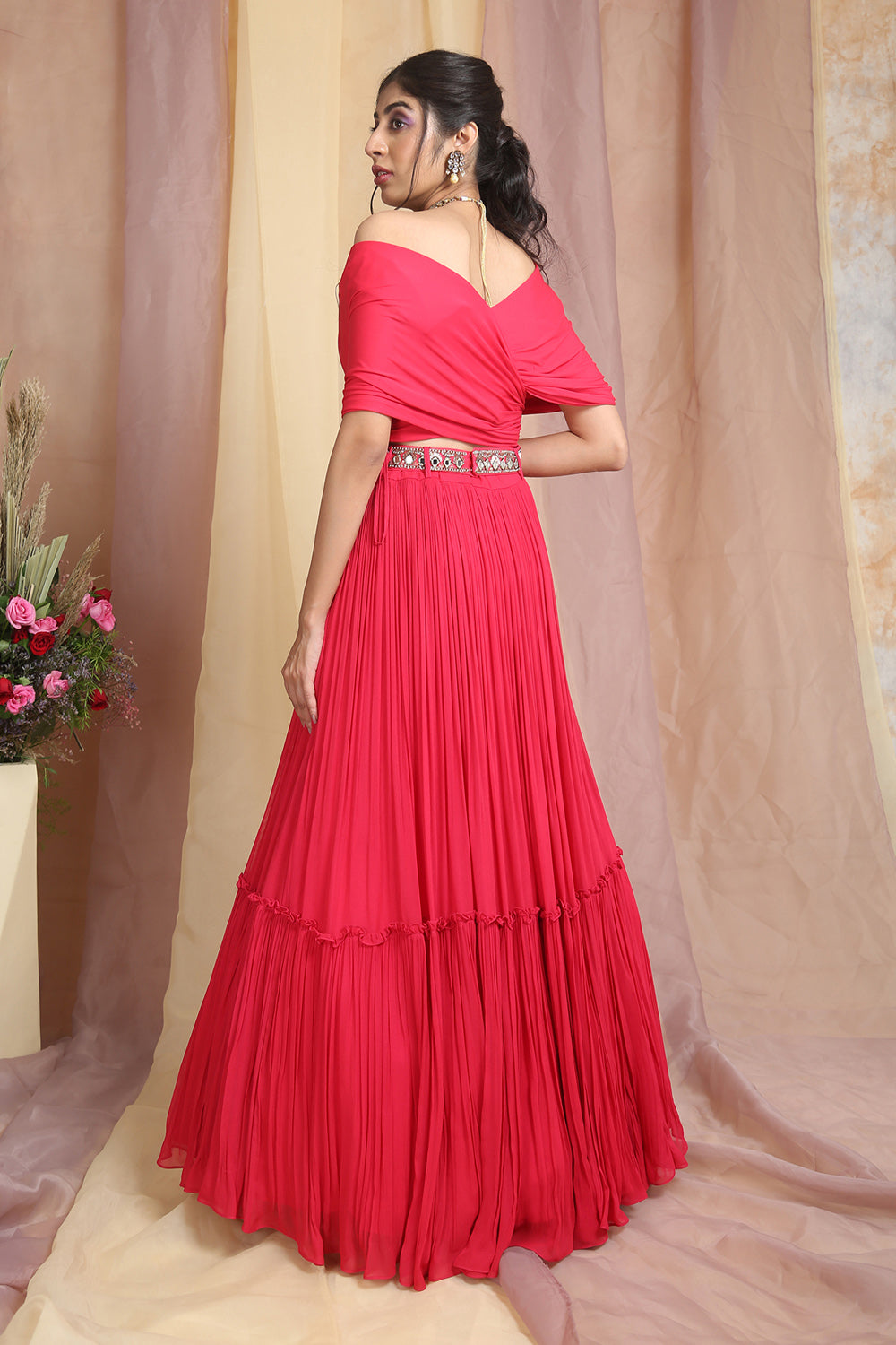 Red Drape Choli Lehenga Set - Auraya Fashion 