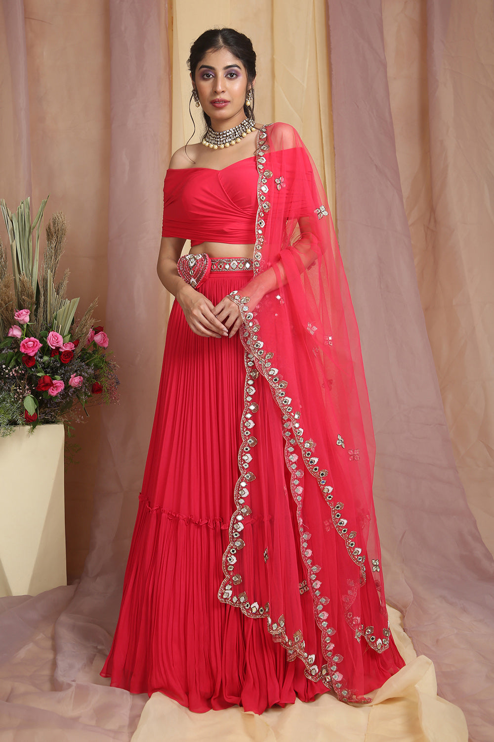 Red Drape Choli Lehenga Set - Auraya Fashion - Miku Kumar - 