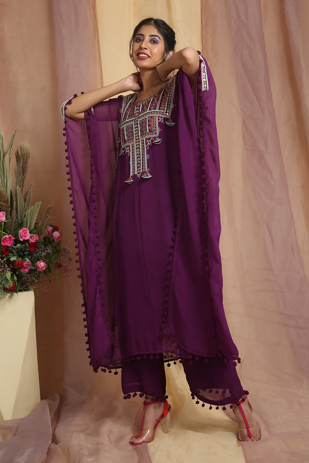 Purple Multi Color Embroidered Kaftaan Set - Auraya Fashion 