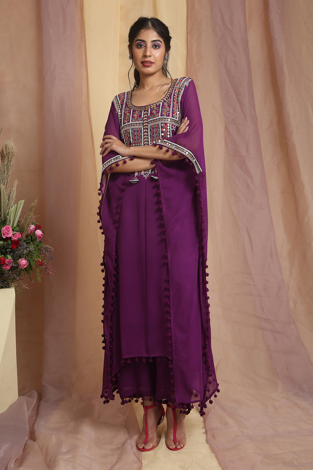 Purple Multi Color Embroidered Kaftaan Set - Auraya Fashion - Miku Kumar - 