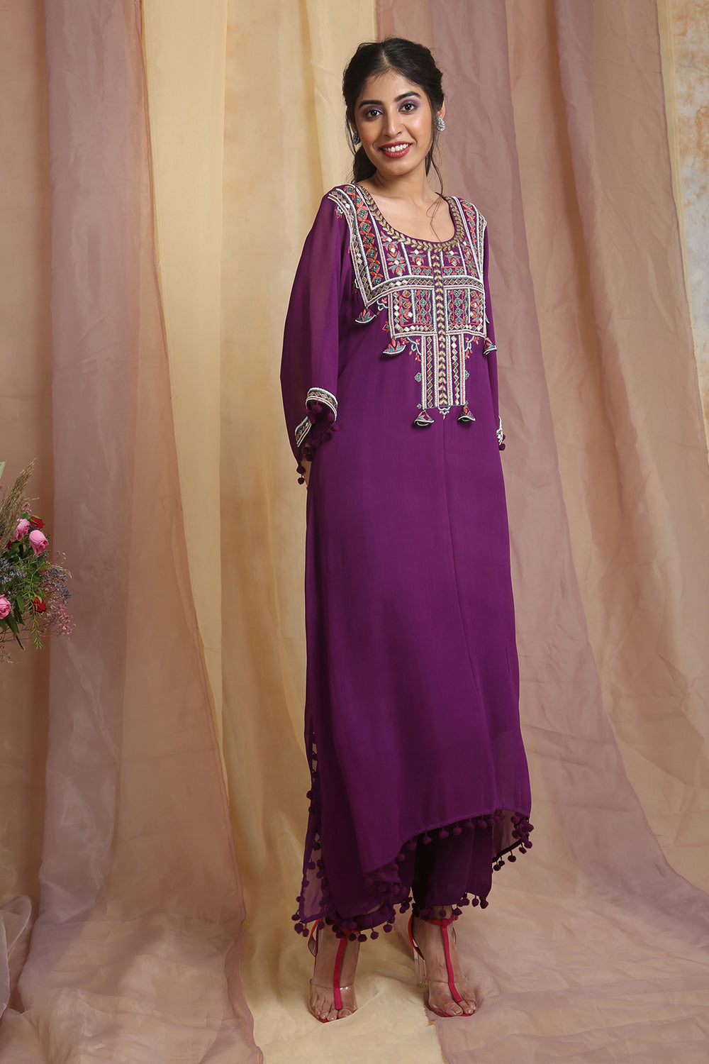 Purple Multi Color Embroidered Kaftaan Set - Auraya Fashion 