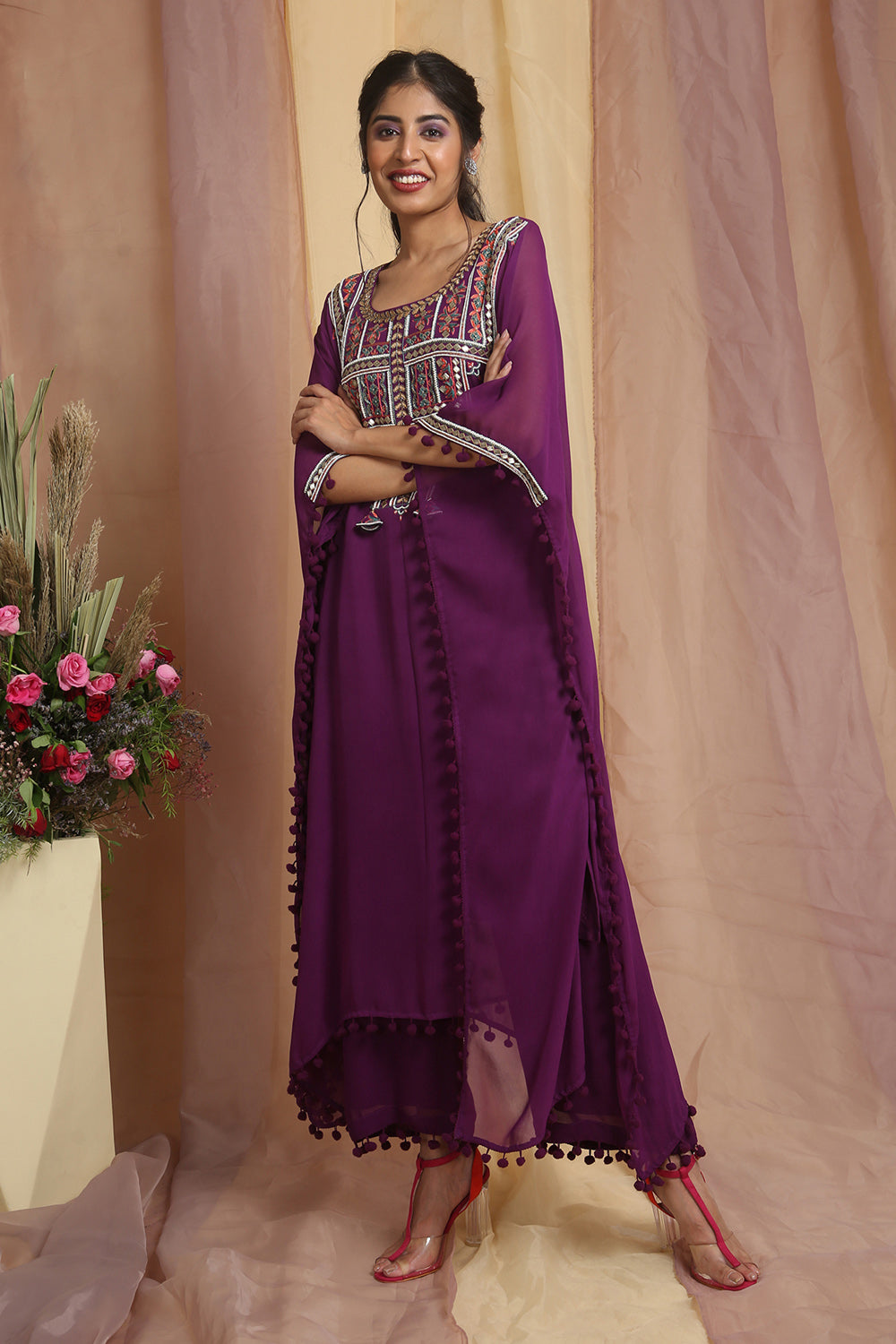 Purple Multi Color Embroidered Kaftaan Set - Auraya Fashion 